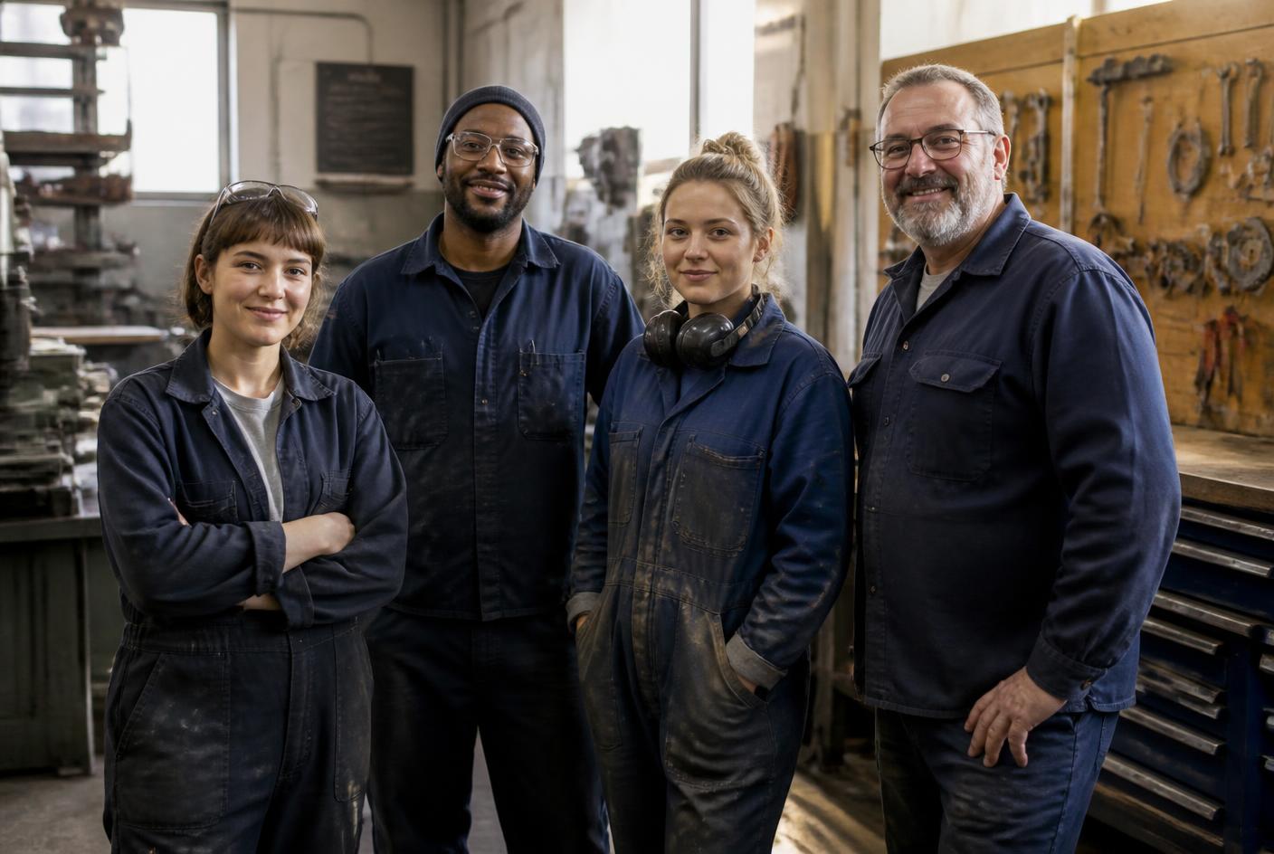 A team of tradespeople standing together in a working shop